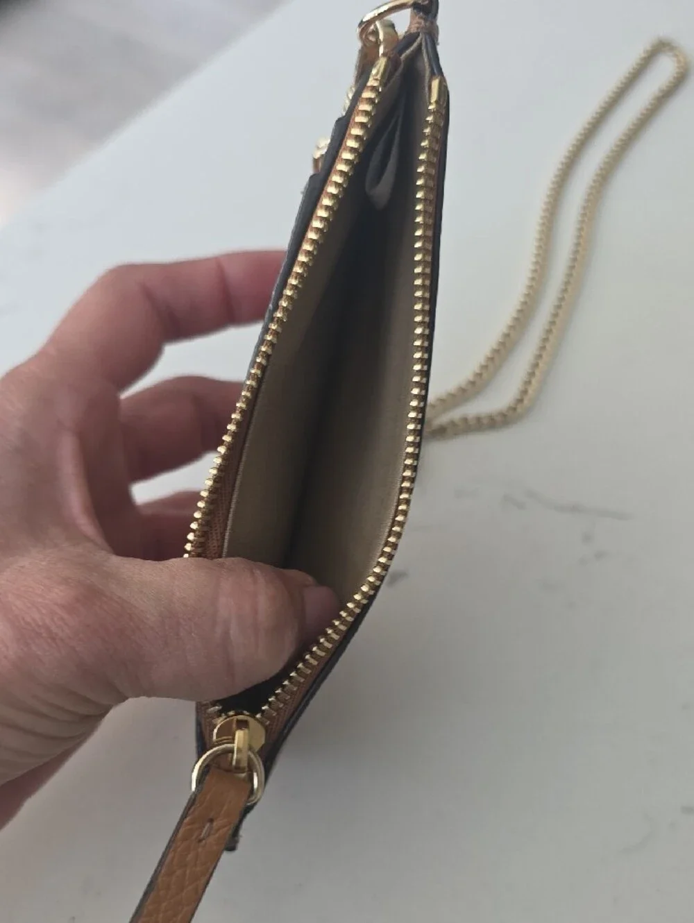 Like New Jimmy Choo Embossed Tan Leather Card Wallet with Gold Chain